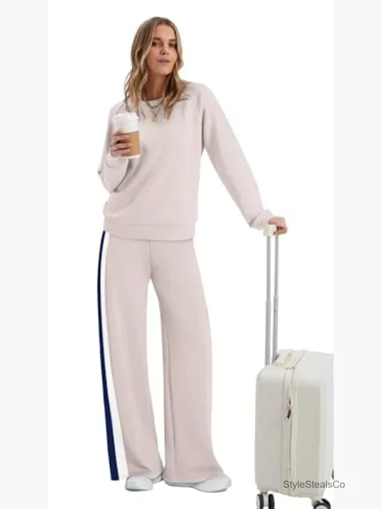 Women's 2-Piece Tracksuit Set Long Sleeve Pullover Wide Leg Pants - Picture 3 of 7